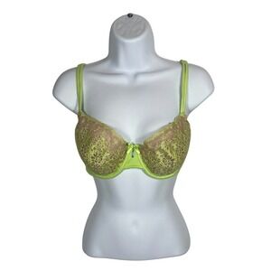 Victoria's Secret Womens Sz 34D Green Floral Lace Balconette Rhinestone Bra-2062